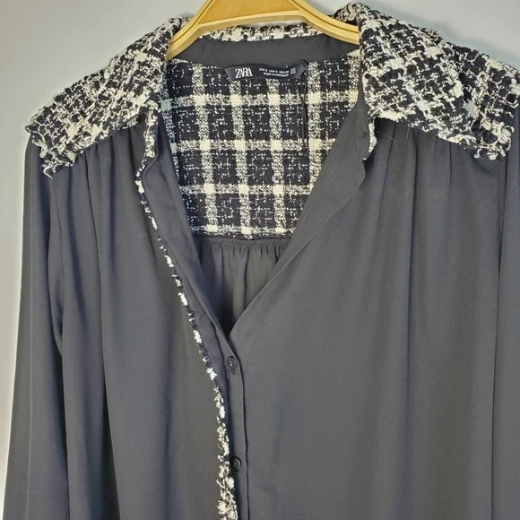 Zara Black Blouse with Tweed Trim - Picture 6 of 9